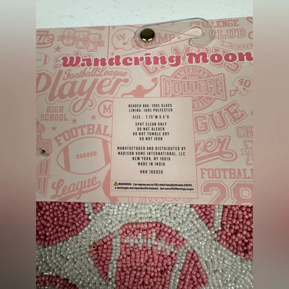 India Handmade in‎ Wandering Moon Beaded Pouch Bag Football White/Pink Game Day